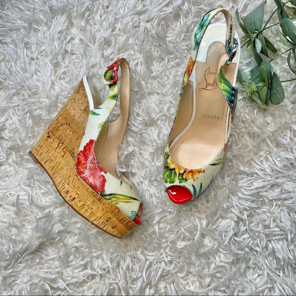 Christian Louboutin Cream Leather Flower Cork Wedge Sandals